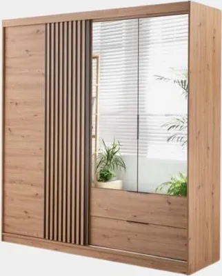 Produktbild von Easy4You Majorka Eiche Artisan Kleiderschrank 204x213x59 cm mit Spiegel - Schlafzimmermöbel, Aufbewahrung – Mehrzweckschrank mit 2 Schubladen und 2 Kleiderstangen