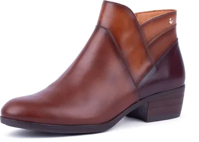 A single brown leather ankle boot is shown against a white background.