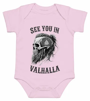Imagen del producto de Body para bebé, color rosa, con diseño de "See You In Valhalla", cráneo vikingo, barba, guerrero, Odín, Valknut y runas. Talla: 3/6 meses