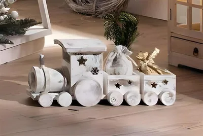 Produktbild von Weihnachtszug "Shabby White" aus Holz, 40 cm lang, Dekozug Lok mit 2 Anhängern, Dekofigur, Weihnachtsdeko