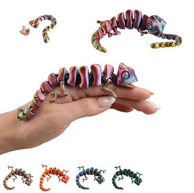 Zdjęcie produktu dla Kameleon ruchomy 3D 17 cm, figurka jaszczurka z druku PLA, fidget flexi – Czerwono-żółto-zielony