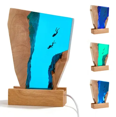 3D Epoxidharz Tischlampe Ozean Taucher Nachtlicht, Holz, USB
