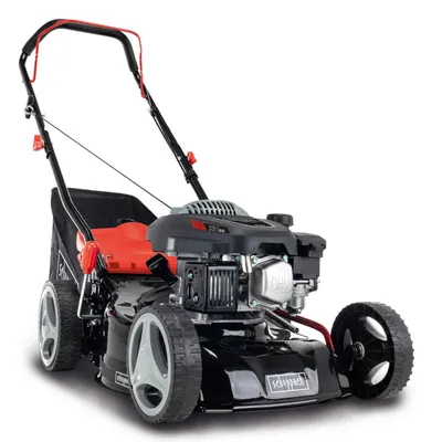 A black gasoline lawnmower with red accents is shown against a white background.