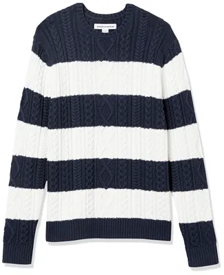 Produktbild von A. Essentials Herren Lange Ärmel Wollpullover, Marineblau Weiß Rugby-Streifen, L