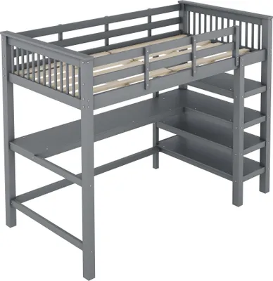 Produktbild von Flieks Hochbett mit Schreibtisch und Regalen, Jugendbett Etagenbett 90x200cm mit Lattenrost ohne Stuhl, Grau