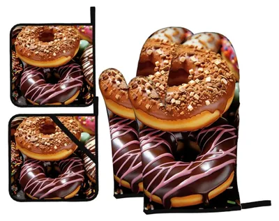 Produktbild von Ofenhandschuhe und Topflappen mit Schokoladenglasdruck, hitzebeständig, rutschfest, wasserdicht, 4 Stück