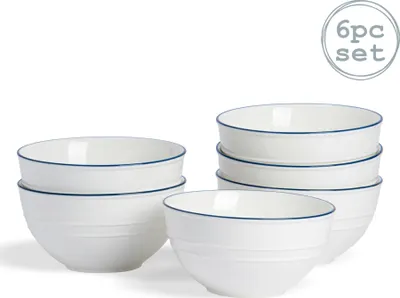 Produktbild von Nicola Spring 6 Stück Land Bauernhof Weiß Frühstück Müslischü Set mit Blue Rim - 15cm
