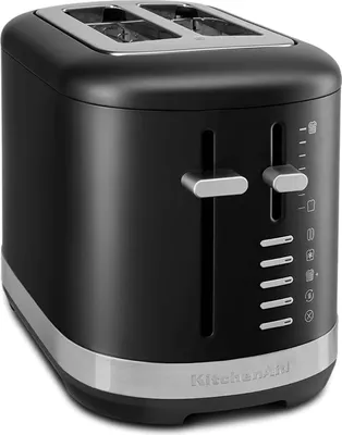 A black KitchenAid toaster with silver accents is shown against a white background.