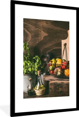 Produktbild von MuchoWow® Gerahmtes Poster Gemüse - Kräuter - Rustikal - Stilleben - Basilikum 60x90 cm - Poster mit Schwarzem Bilderrahmen Wandposter Rahmen Foto Bilder - Dekoration - Wandposter Wohnzimmer - Hochwertig