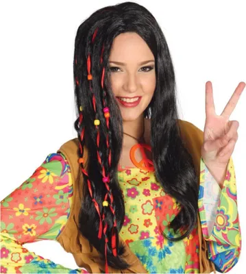 Hippie Perücke 55 cm Langhaar schwarz Zöpfe mit roten Bändern & Perlen für Damen Kostüm-Zubehör SALE Fasching Karneval  70er Jahre Mottoparty Schlagermove