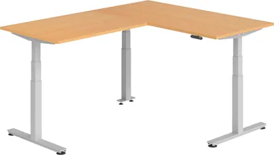 Produktbild von bümö Eckschreibtisch elektrisch höhenverstellbar L-Form - Gestell: Silber, Nachbildung: Buche, Größe: Eckschreibtisch 160 x 200 cm