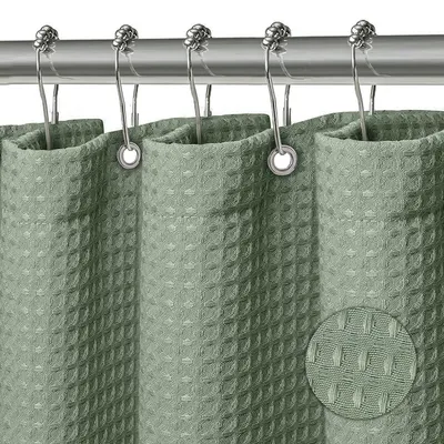 Produktbild von Waschbarer Duschvorhang aus Polyestergewebe mit 12 Metallringen, wasserdicht für Dusche und Badewanne, 180 x 200 cm, Waffelgrün