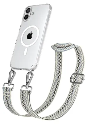 Zdjęcie produktu dla EAZY CASE - Łańcuszek na telefon z etui MagSafe do Apple iPhone 16 Plus, pasek na telefon Wave Style, karabińczyk w kolorze srebrnym, pasek na ramię w kolorze beżowym