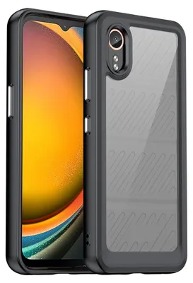 A black phone case with a transparent back is shown, with a smartphone partially visible inside.