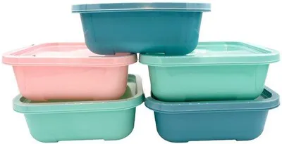 Immagine prodotto di Set di 5 contenitori ermetici in plastica colorata (5 x 900 ml) con coperchio – privi di BPA, adatti al microonde e alla lavastoviglie, resistenti da -20°C a 100°C, impilabili