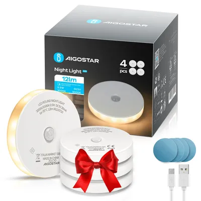 Immagine prodotto di Aigostar, set di 4 luci notturne a LED con sensore di movimento, lampade notturne con 2 temperature di colore, illuminazione adesiva per armadi, ricaricabili tramite USB, con strisce magnetiche, ideali per camerette, camere da letto, corridoi e cucine