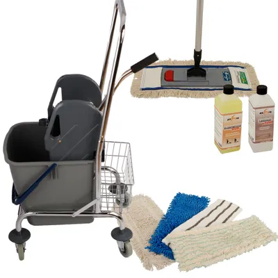 Produktbild von Axis Line Wischmop Komplettset mit Einfachfahreimer Chrom 27 l - Platzwunder und Ersatzmöppe und 2 x Profi Reinigungsmittel 40cm breit