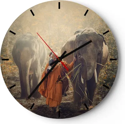 Produktbild von Wanduhr - Rund - Glasuhr - Elefant Mönch Dschungel - 30x30cm - Schleichendes Uhrwerk - Lautlos - zum Aufhängen bereit - Dekoration Modern - Wanddekoration aus Glas - C3AR30x30-3453