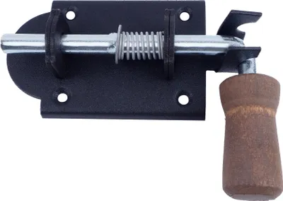 A black metal gate latch with a wooden handle is shown against a white background.