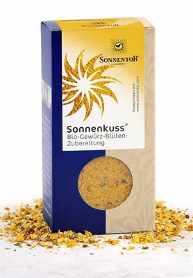 Produktbild von Sonnentor Sonnenkuss Gewürz-Blüten-Zubereitung , Pulverförmige Gewürze, 40 g, Lorbeerblatt, Ringelblume, Kardamom, Chili, Koriander, Kreuzkümmel, Fenchel, Bockshornklee,..., Kurkuma  Kardamom  Muskat gemahlen  Sonnenblumenblütenblätter  Mutterkümmel..., 328 kcal, 1365 kJ