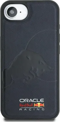 A black iPhone case with the Red Bull Racing logo embossed on it.