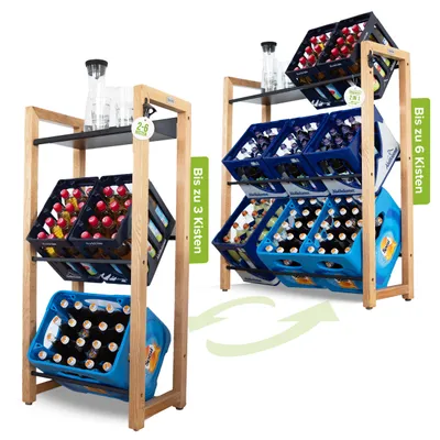 Produktbild von bevo - Getränkekistenregal für 2 - 6 Kisten Eiche Holz inkl. Metall-Ablage - Getränkeregal & Kistenregal mit 2 Stangenlängen (individuell verstellbar)