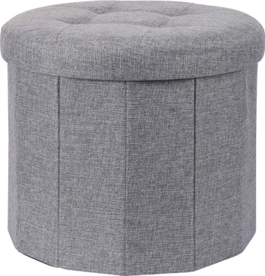 A gray fabric storage ottoman is shown against a white background.