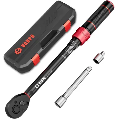 Productafbeelding van VANPO momentsleutel 3/8 inch, 5-60Nm, 72 tanden, set voor fietsen en motorfietsen, 3-delig met verlengstuk en adapter