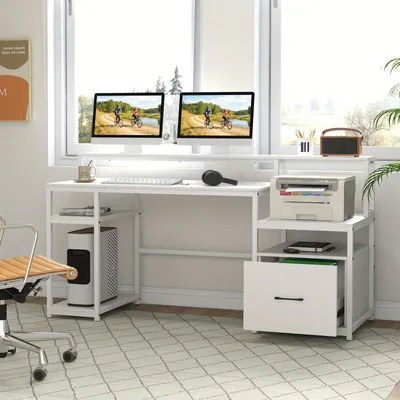 Immagine prodotto di Scrivania per computer - Scrivania - Tavolo da lavoro - Scrivania con cassetto - Scrivania con vano per stampante - Larghezza: 168 cm