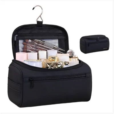 Image de INF Trousse de Toilette Multifonction Suspendue — Organisateur de Maquillage de Voyage Portable en Polyester, Grande Capacité, Compartiments Multiples et Crochet Le noir