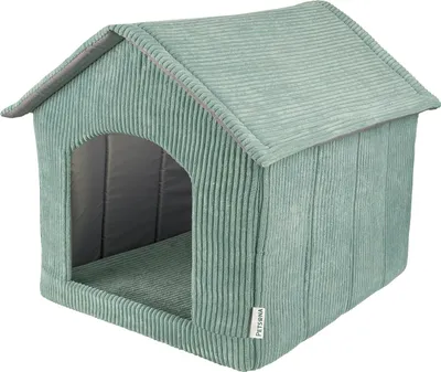 A pet house with a pitched roof and an arched entrance.