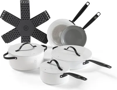 Obrázek produktu pro 12dílná sada pánví BE Living - Indukční pánev - Nepřilnavý povrch - Vhodné pro všechny typy varných desek - Žáruvzdorné rukojeti - Obsahuje pánev, kastrol a hrnec - Bílá barva