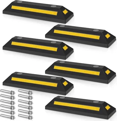 Produktbild von Radstopper 6er Set 54x15x10 cm, Parkplatzbegrenzung mit Reflektionsstreifen, Einparkhilfe Garage und Parkplatz, Parkstopper als Anfahrschutz aus Gummi für Garage, Carport und Parkflächen