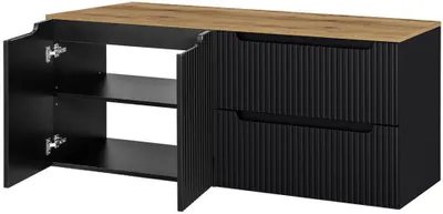 Obrázok produktu pre Umývadlo "Skelbolu" s 2 dvierkami a 2 zásuvkami s drážkami 160 x 60 x 40 cm čierna / dubový vzhľad