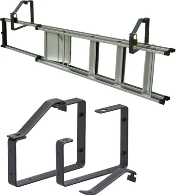 A ladder and its mounting brackets are displayed against a white background.