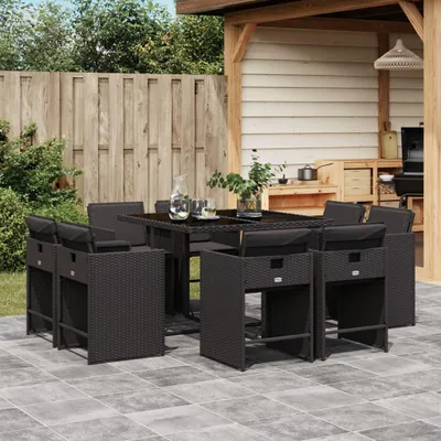Produktbild von Möbel 9-tlg. Garten-Essgruppe mit Kissen Schwarz Poly Rattan - Gartenmöbelgarnituren 3211195