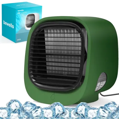 A green Bewello air cooler is shown in the foreground with ice cubes in front of it. A blue box with the Bewello logo and product name is in the background.