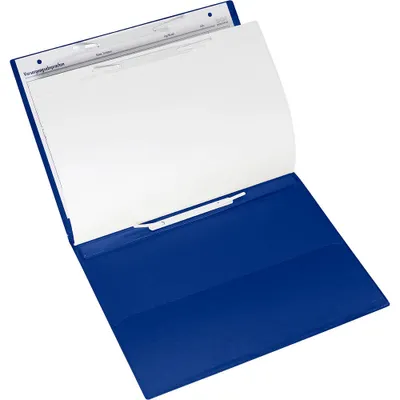An open blue folder with white paper inside, shown from a slightly elevated angle against a white background.