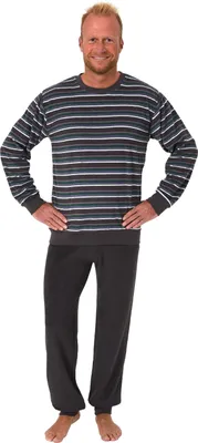 Produktbild von Herren Frottee Pyjama langarm Schlafanzug mit Bündchen in Streifenoptik - 59886 ; dunkelgrau , 48