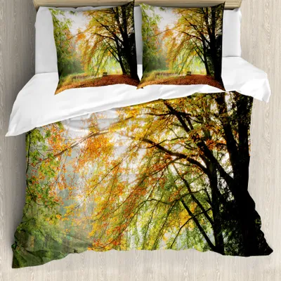 Produktbild von ABAKUHAUS Wald Bettbezug, Herbst-Wald Friedensansicht, Milbensicher Allergiker geeignet mit Kissenbezügen, 200 cm x 200 cm - 80 x 80 cm, Orange Grün