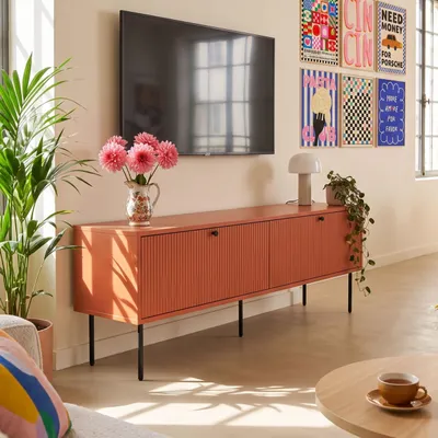 Immagine prodotto di Mobile TV a 2 ante in acciaio e MDF con decoro 150 cm arancione - Oviala Romeo