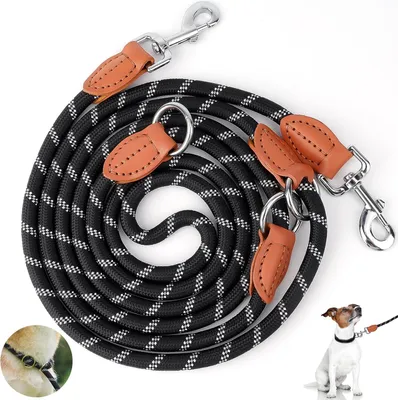 Produktbild von Doppelte verstellbare Hundeleine für große und mittelgroße Hunde - reflektierend - starke Hundetrainingsleine mit Karabinerhaken - schwarz