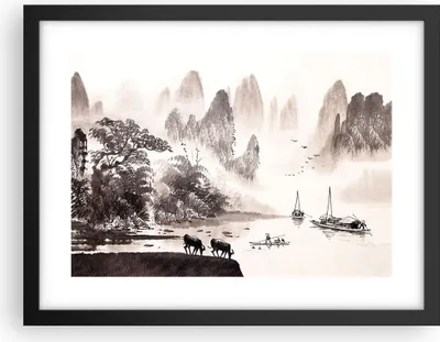 Produktbild von Gerahmtes Poster - Schwarzer Rahmen - Chinesisch Landschaft Aquarell - 40x30 cm - Wand Bild - Wanddeko - Wandbilder - Wandposter - Bilderrahmen - Bilder - Kunstdruck - Wandbild - P2BAA40x30-4265
