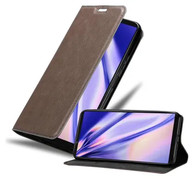 A brown leather flip case for a smartphone is shown open, with the phone inside displaying a colorful abstract wallpaper. Another phone, also in a case, is shown lying flat in the foreground.
