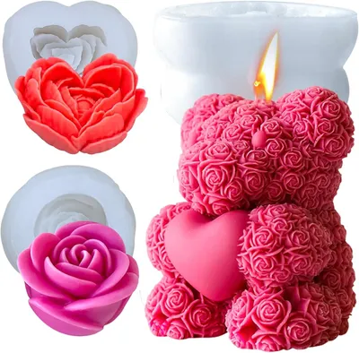 Imagen del producto de Molde para velas con forma de oso y flor, de silicona 3D, de 3 piezas, para la fabricación de velas
