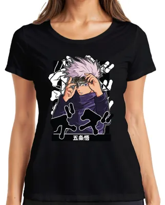 Productafbeelding van 五条悟 Jujutsu Kaisen, Satoru, oogmasker, wit haar, anime, dames T-shirt, zwart, maat S