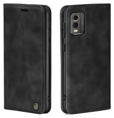 A black flip case for a smartphone is shown from two angles.