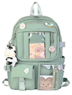 Image de Sac à dos Kawaii avec accessoires à épingler, sac à dos scolaire vert, 43x32x13 cm