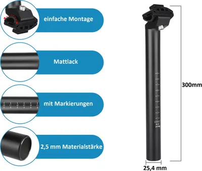 Immagine prodotto di Reggisella per bicicletta 25,4 x 300 mm | tubo sella MTB [non molleggiato] in lega di alluminio | reggisella per bicicletta da strada [colore - nero opaco] | angolo sella regolabile | adatto alla maggior parte delle bici
