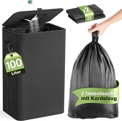 Obrázek produktu pro Sběrná nádoba na lahve s víkem 100 l, černá. Skládací sběrač prázdných lahví se 2 odnímatelnými taškami.